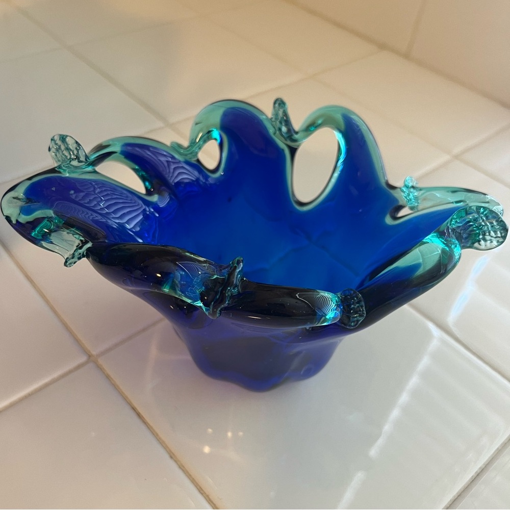 Murano White Crystal Blue Ombre Wave Styled Bowl. Made in Italy